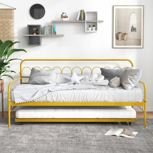 Twin Size Golden Metal Daybed with Trundle and Lockable Wheels-Twin Size