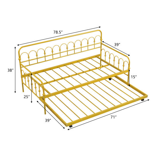 Twin Size Golden Metal Daybed with Trundle and Lockable Wheels-Twin Size