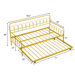 Twin Size Golden Metal Daybed with Trundle and Lockable Wheels-Twin Size