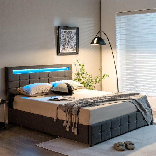 Upholstered Queen LED Bed Frame with Headboard and 4 Drawers-Queen Size
