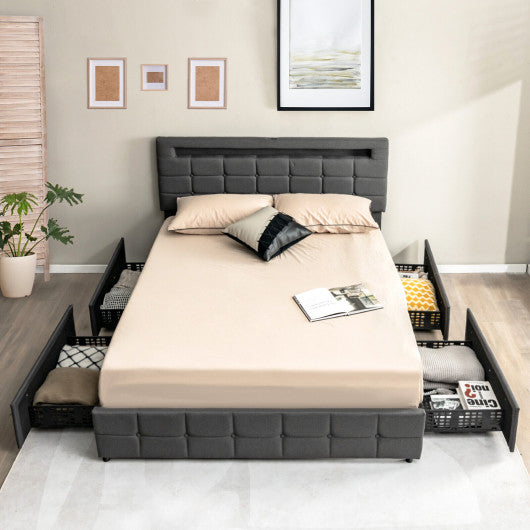 Upholstered Queen LED Bed Frame with Headboard and 4 Drawers-Queen Size
