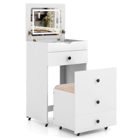 3-in-1 Vanity Set with Cushioned Stool and Flip-up Mirror-White