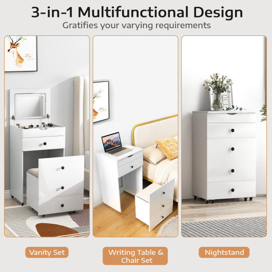 3-in-1 Vanity Set with Cushioned Stool and Flip-up Mirror-White