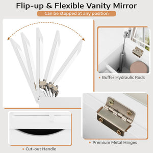 3-in-1 Vanity Set with Cushioned Stool and Flip-up Mirror-White