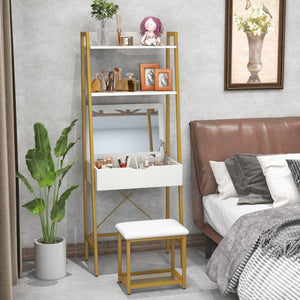 Ladder Vanity Desk Set with Flip Top Mirror and Cushioned Stool-Golden