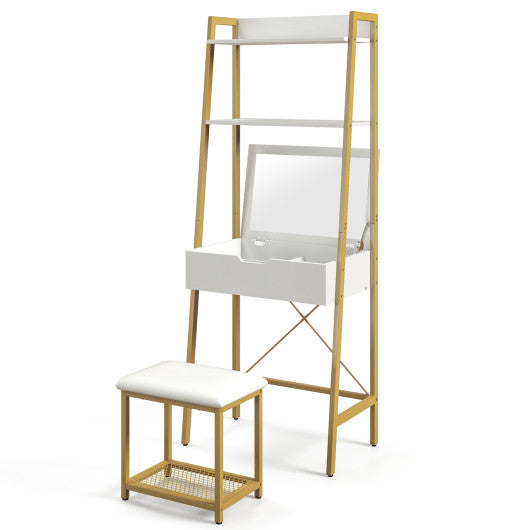 Ladder Vanity Desk Set with Flip Top Mirror and Cushioned Stool-Golden