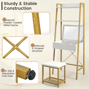 Ladder Vanity Desk Set with Flip Top Mirror and Cushioned Stool-Golden