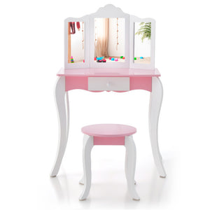Kid's Wooden Vanity Table and Stool Set  with 3-Panel Acrylic Mirror-White