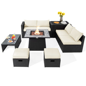 9 Pieces Outdoor Wicker Sectional with 35 Inch Gas Fire Pit Table-White