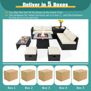 9 Pieces Outdoor Wicker Sectional with 35 Inch Gas Fire Pit Table-White