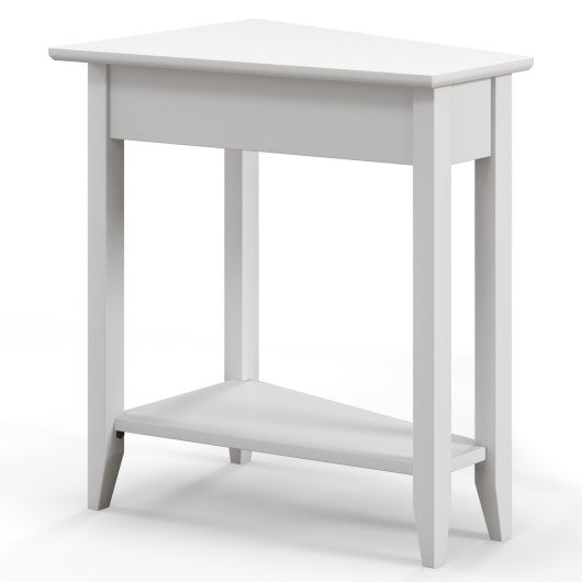 2-Tier Wedge Narrow End Table with Storage Shelf and Solid Wood Legs-White