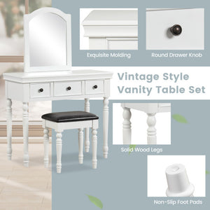 Makeup Vanity Table and Stool Set with Detachable Mirror and 3 Drawers Storage-White