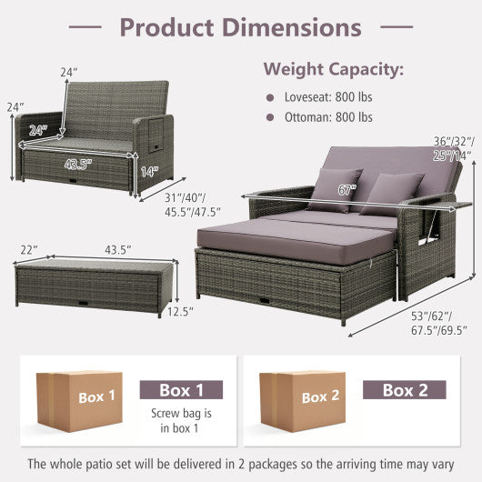 Wicker Loveseat Sofa with Multipurpose Ottoman and Retractable Side Tray-Gray