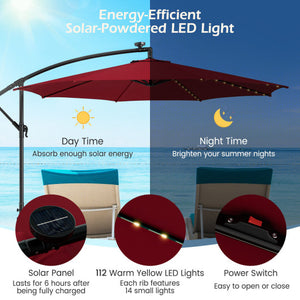 10 Feet Patio Offset Umbrella with 112 Solar-Powered LED Lights-Beige-Wine