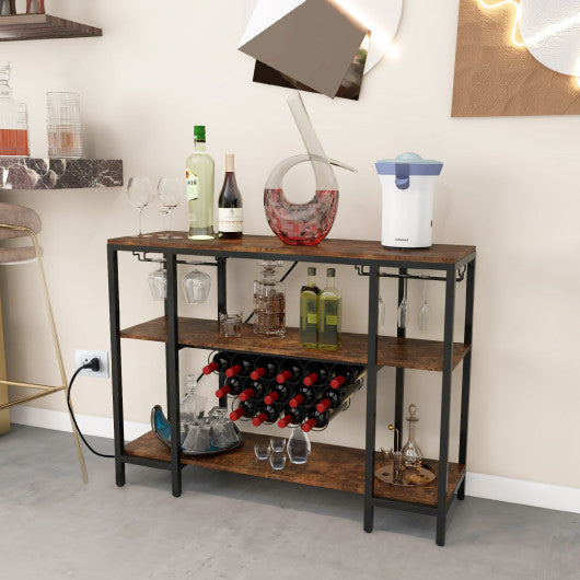 Industrial Wine Rack Wine Bar Cabinet with Storage Shelves-Brown