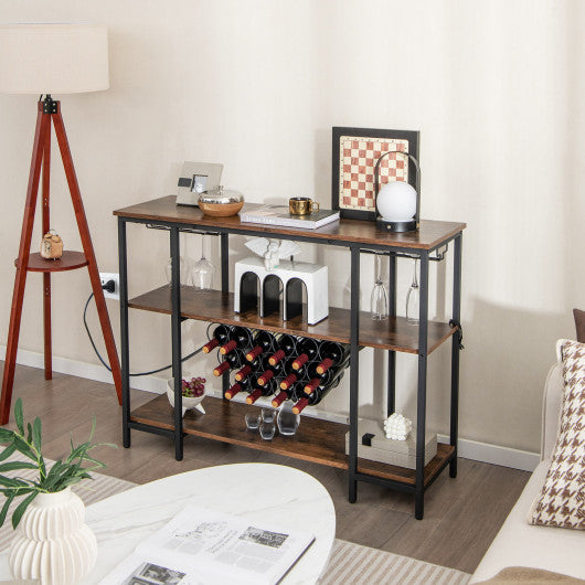 Industrial Wine Rack Wine Bar Cabinet with Storage Shelves-Brown
