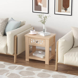 Wood Retro End Table with Mirrored Glass Drawer and Open Storage Shelf-Natural