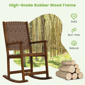 Patio Wood Rocking Chair with PU Seat and Rubber Wood Frame-Brown