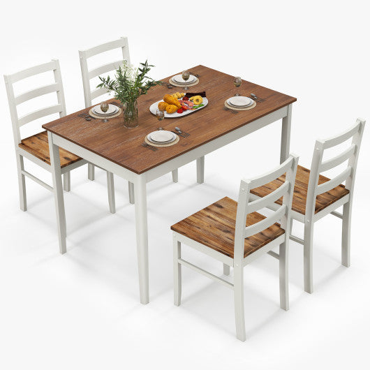 5-Piece Wooden Dining Set with Rectangular Table and 4 Chairs-Coffee and White