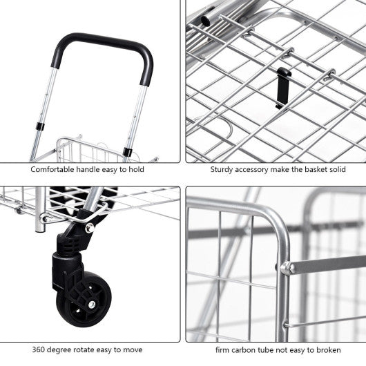 Folding Shopping Cart Basket Rolling Trolley with Adjustable Handle-Silver