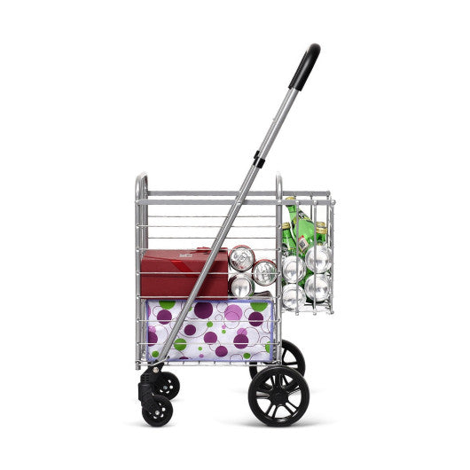 Folding Shopping Cart Basket Rolling Trolley with Adjustable Handle-Silver
