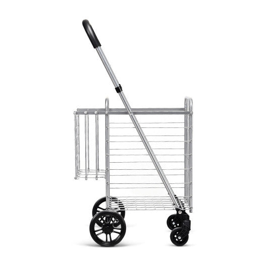 Folding Shopping Cart Basket Rolling Trolley with Adjustable Handle-Silver