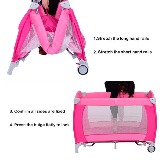 Foldable Baby Crib Playpen with Mosquito Net and Bag-Pink