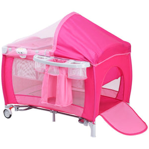 Foldable Baby Crib Playpen with Mosquito Net and Bag-Pink