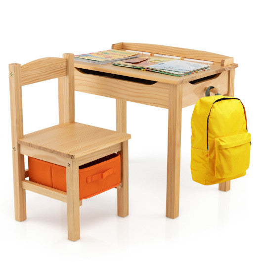 Wood Activity Kids Table and Chair Set with Storage Space-Natrual