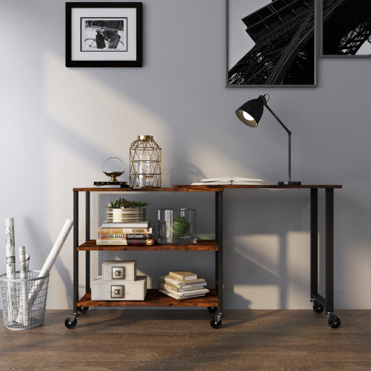 360° Rotating Sofa Side Table with Storage Shelves and Wheels-Rustic Brown