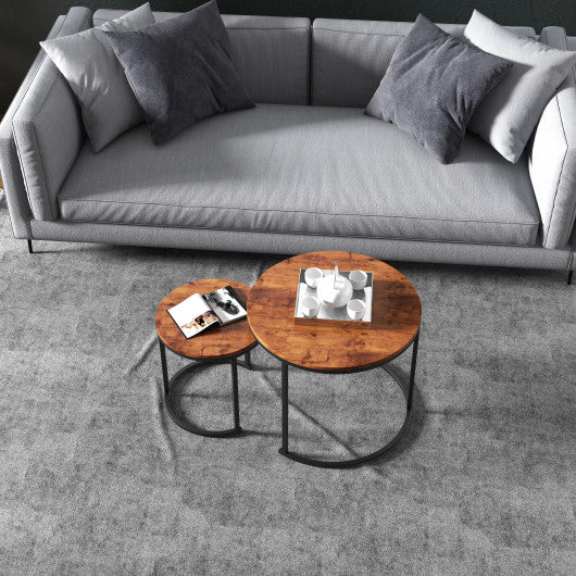 Set of 2 Modern Round Stacking Nesting Coffee Tables for Living Room-Rustic Brown