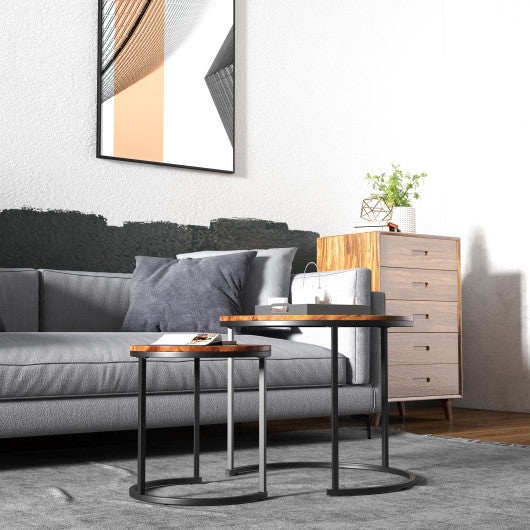 Set of 2 Modern Round Stacking Nesting Coffee Tables for Living Room-Rustic Brown