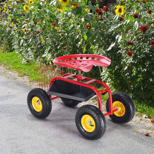Red/Green Garden Cart Rolling Work Seat With Heavy Duty Tool Tray Gardening Planting-Red