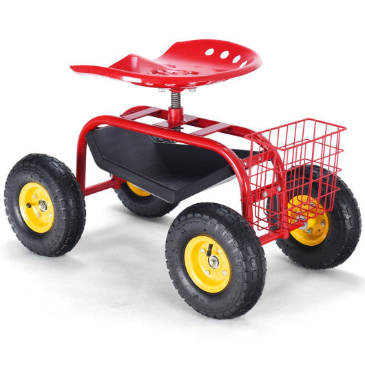 Red/Green Garden Cart Rolling Work Seat With Heavy Duty Tool Tray Gardening Planting-Red