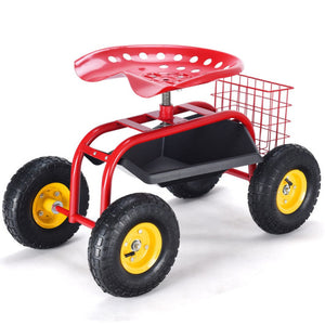Red/Green Garden Cart Rolling Work Seat With Heavy Duty Tool Tray Gardening Planting-Red