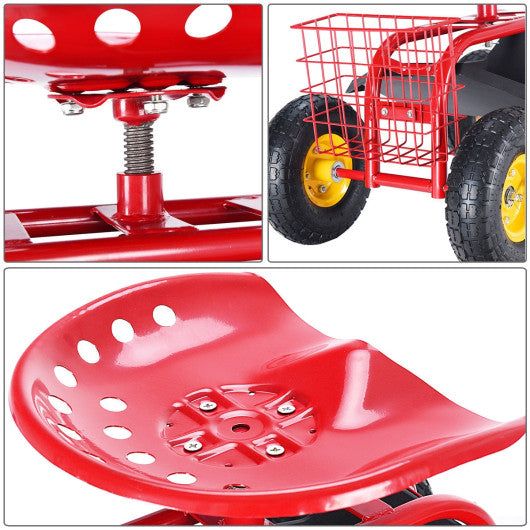 Red/Green Garden Cart Rolling Work Seat With Heavy Duty Tool Tray Gardening Planting-Red