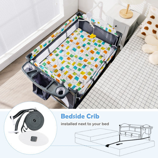 5-in-1 Baby Nursery Center Foldable Toddler Bedside Crib with Music Box