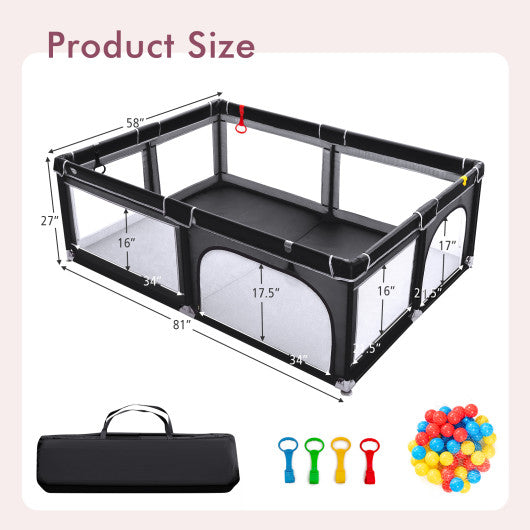 Portable Extra-Large Safety Baby Fence with Ocean Balls and Rings-Black