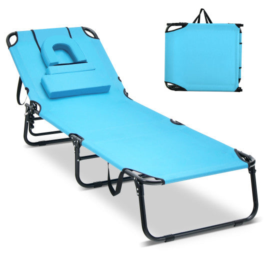 Beach Chaise Lounge Chair with Face Hole and Removable Pillow-Turquoise