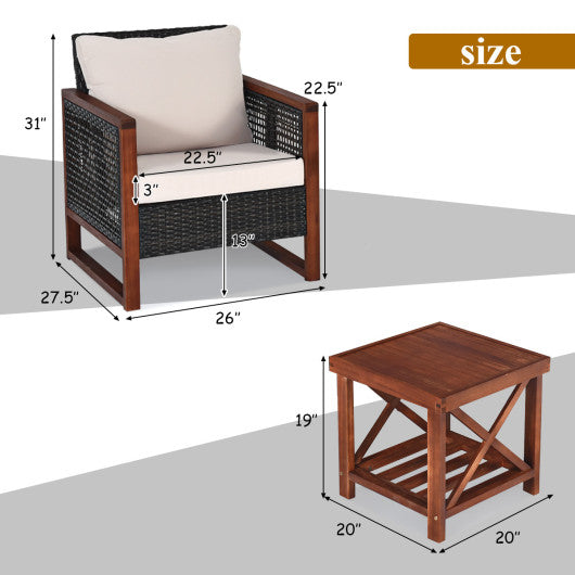3 Pieces Patio Wicker Furniture Set with Washable Cushion and Acacia Wood Coffee Table-Beige