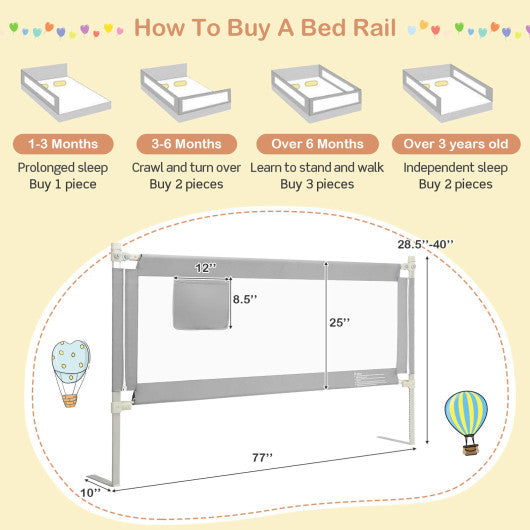 76.8  Inch Baby Bed Rail with Double Safety Child Lock-Gray