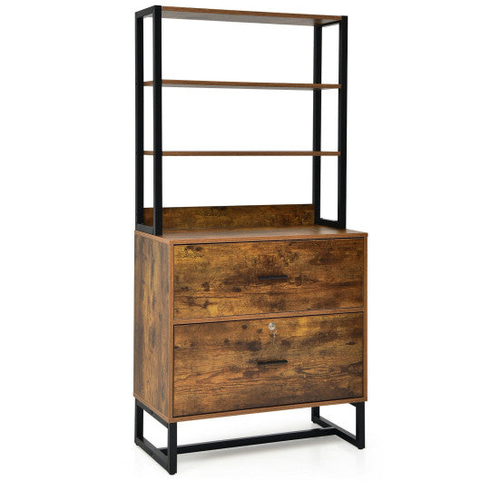 Letter Size Lateral File Cabinet with Lock and Bookshelf-Rustic Brown