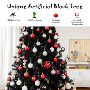 Black Artificial Christmas Halloween Tree with Purple LED Lights-7'