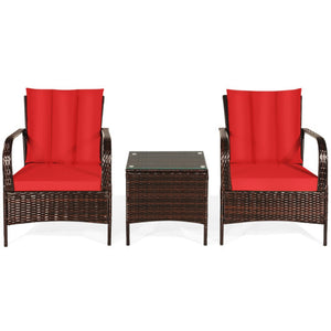3 Pcs Patio Conversation Rattan Furniture Set with Glass Top Coffee Table and Cushions-Red