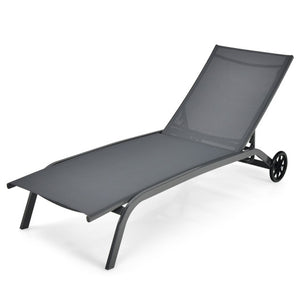 6-Poisition Adjustable Outdoor Chaise Recliner with Wheels-Gray