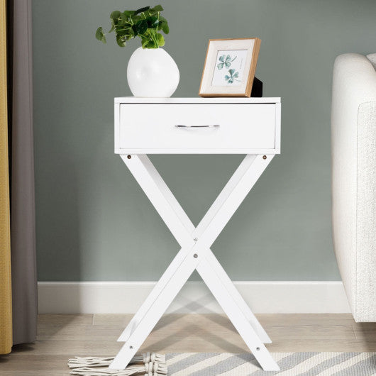 Design Sofa Side Table with X-Shape Drawer for Living Room Bedroom-White