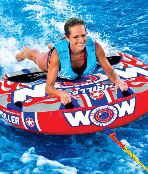 WOW Sports Thriller 1 Person Towable Water Tube - Starter Kit w/ 12V Pump & 1K Tow Rope by Jupiter Gear
