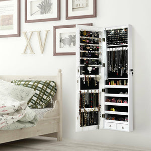 Wall and Door Mounted Mirrored Jewelry Cabinet with Lights-White