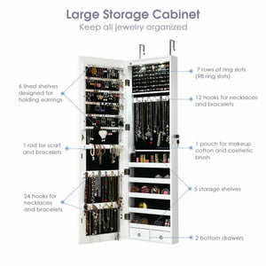 Wall and Door Mounted Mirrored Jewelry Cabinet with Lights-White