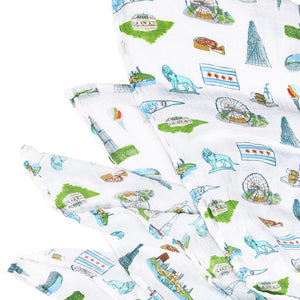 Gift Set: Chicago Baby Muslin Swaddle Blanket and Burp Cloth/Bib Combo by Little Hometown